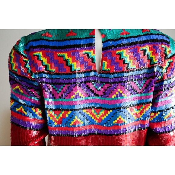 Vintage Jeet Colourful Southwestern Print Fully Beaded Colourful  Sequin Top 8 - Picture 8 of 12